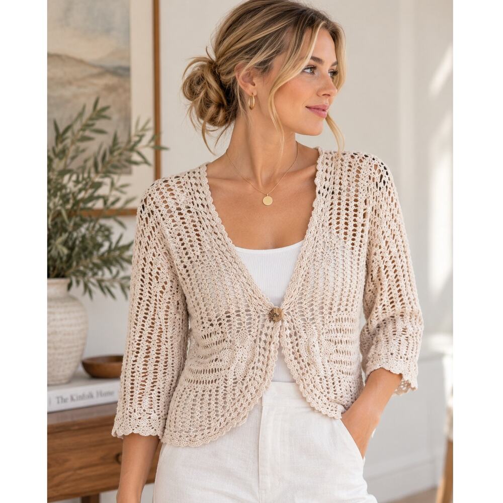 Isabella Rodriguez Crochet Cardigan Cream Ramie Cotton Y2K Boho size Large